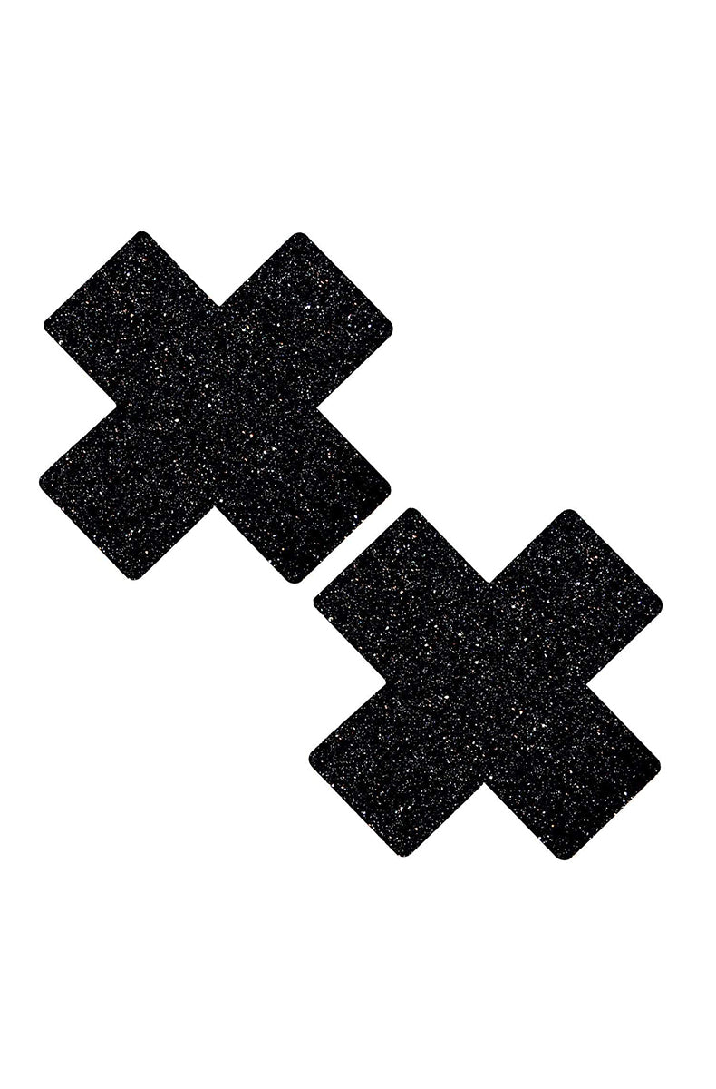 Two X-shaped pasties cut from solid black glitter material.