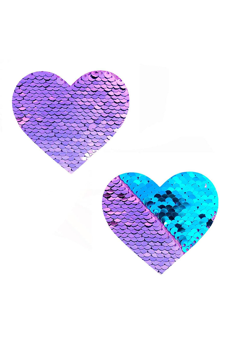 Two heart-shaped flip-sequin pasties: lavender on one side, turquoise on the reverse.