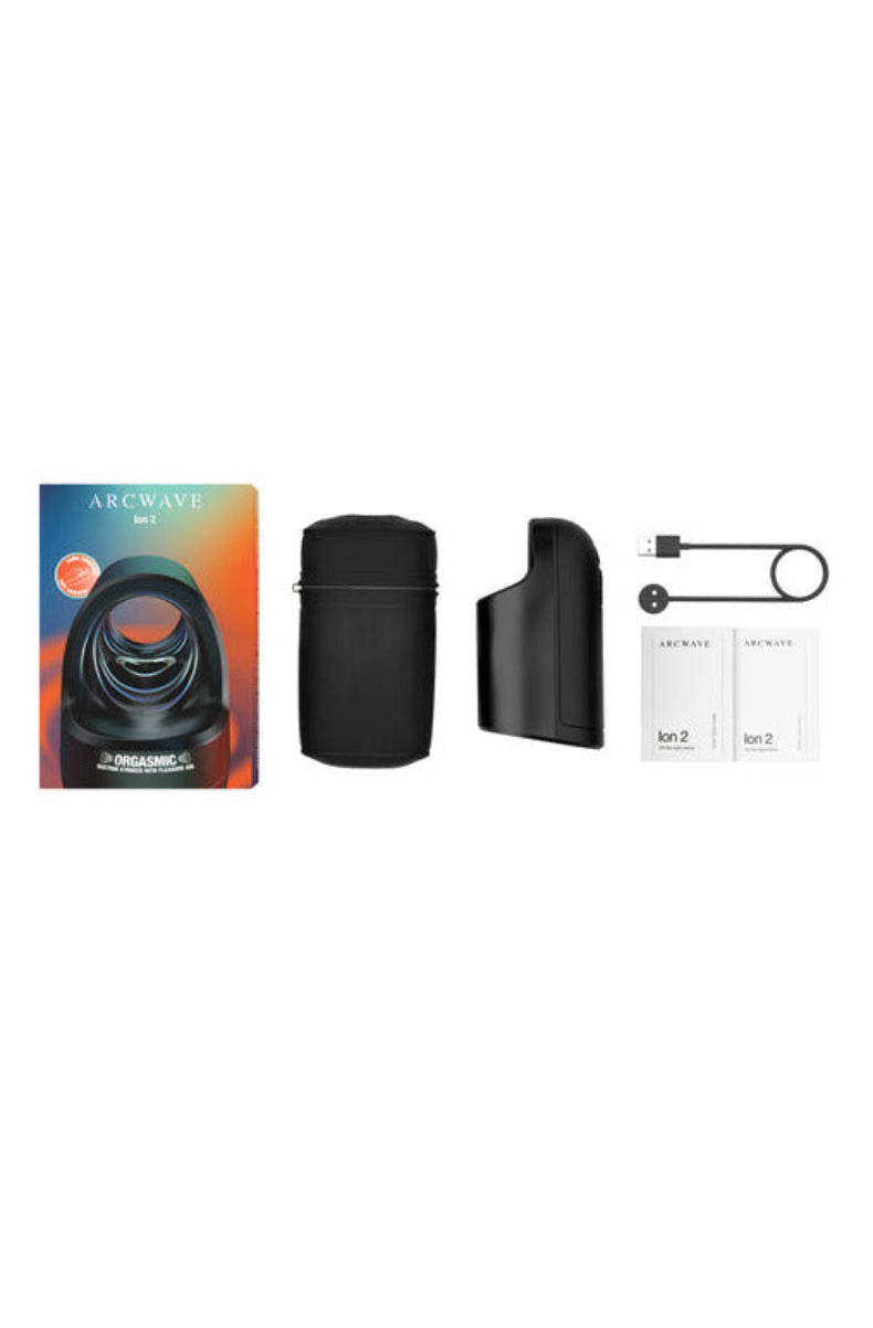 Arcwave Ion 2 box contents laid out: stroker, storage pouch, charging cable, and quick start guides