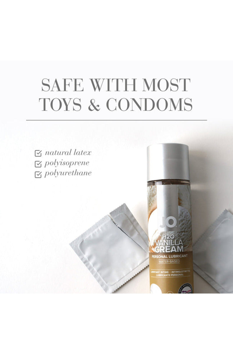 JO H2O Vanilla Cream lube safe with most toys and condoms