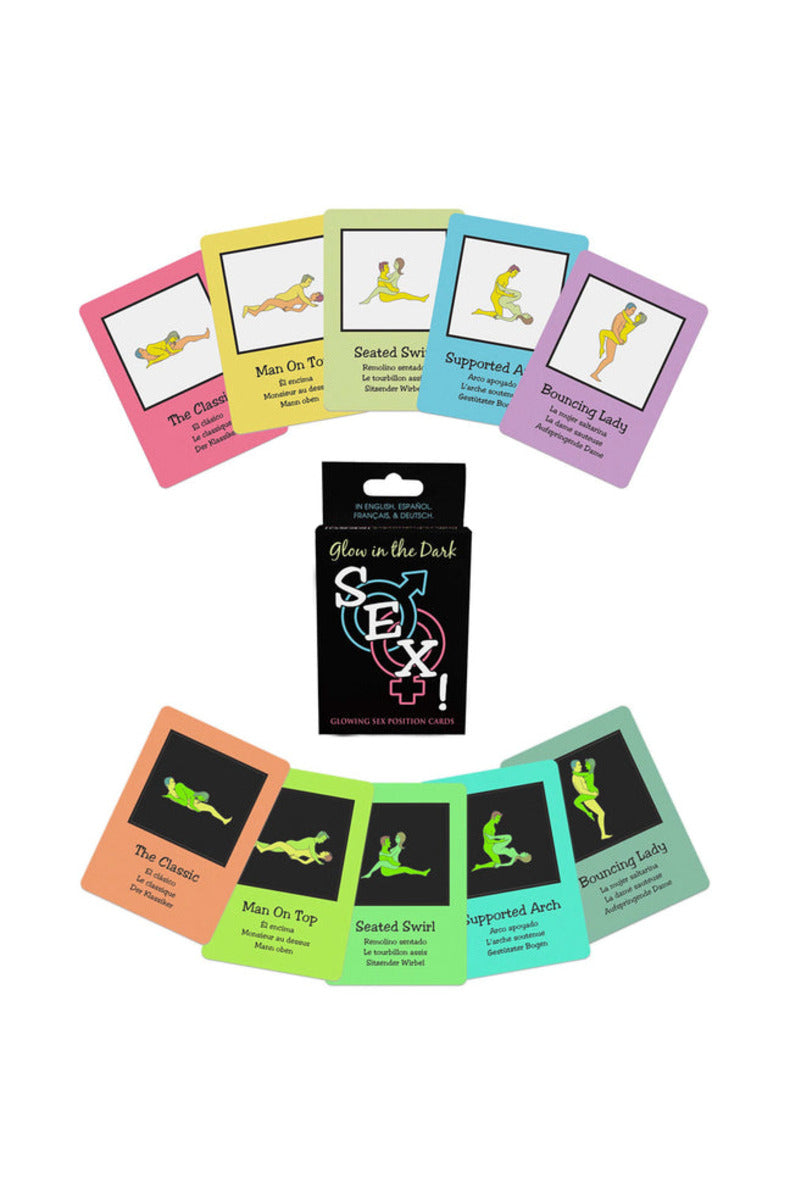 Glow in the Dark Sex card game position cards shown lit and glowing