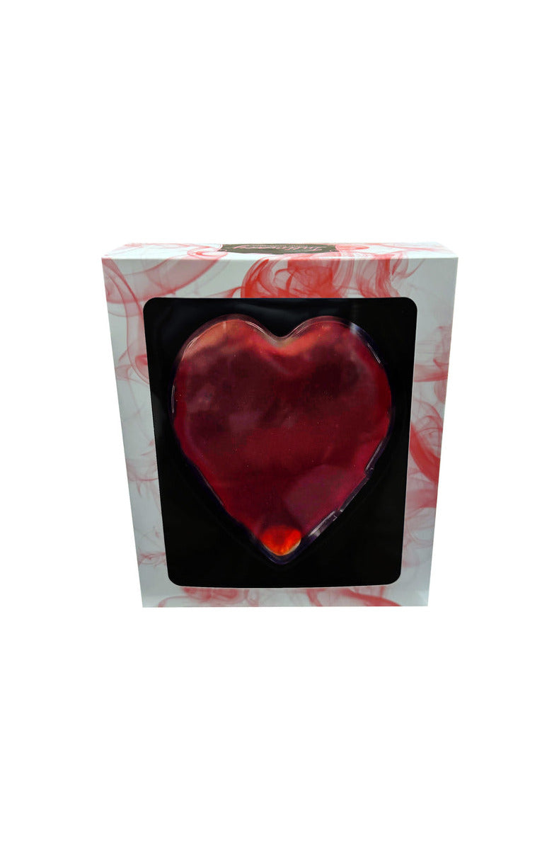 Red heart-shaped gel warming massager with a metal click disk in a white window box with red smoke graphics.