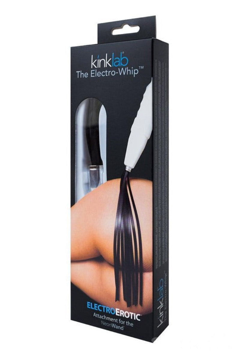 KinkLab Electro-Whip box showing the flogger attached to a Neon Wand, an ElectroErotic attachment for the NeonWand.