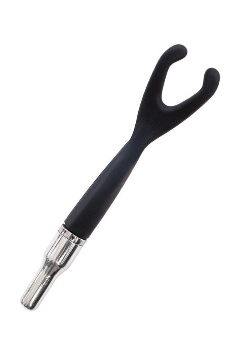 Black conductive silicone KinkLab Flex Capacitor with a two-prong forked tip and a polished aluminum Neon Wand connector.