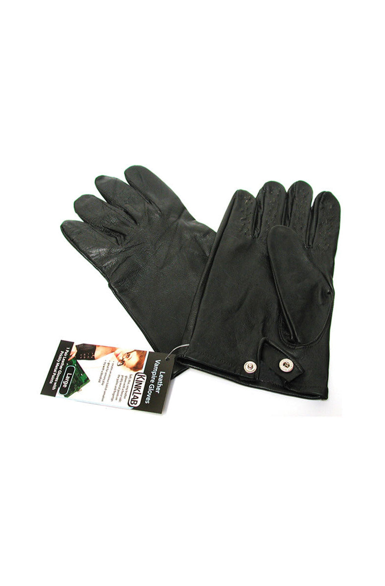 Pair of KinkLab black leather vampire gloves with metal points and a Leather Vampire Gloves hangtag.