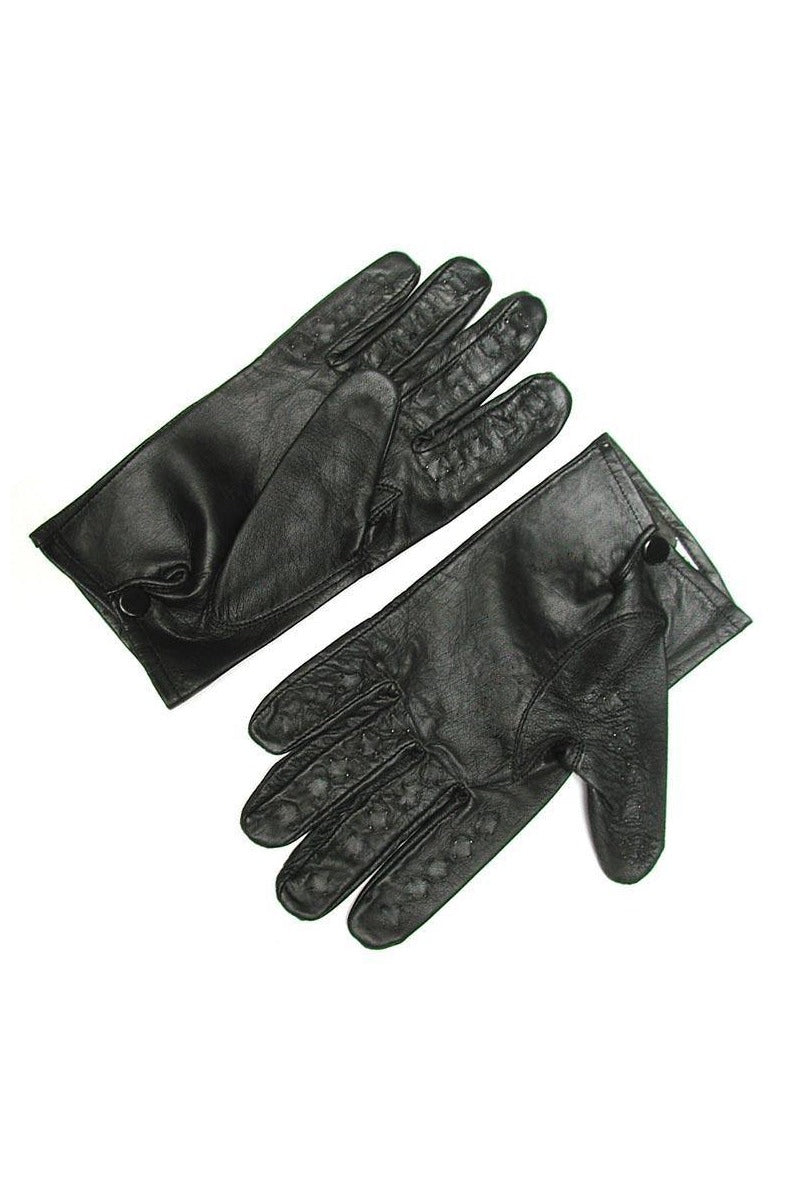 Pair of black leather vampire gloves laid flat, showing the prickly metal points and snap wrist closures.