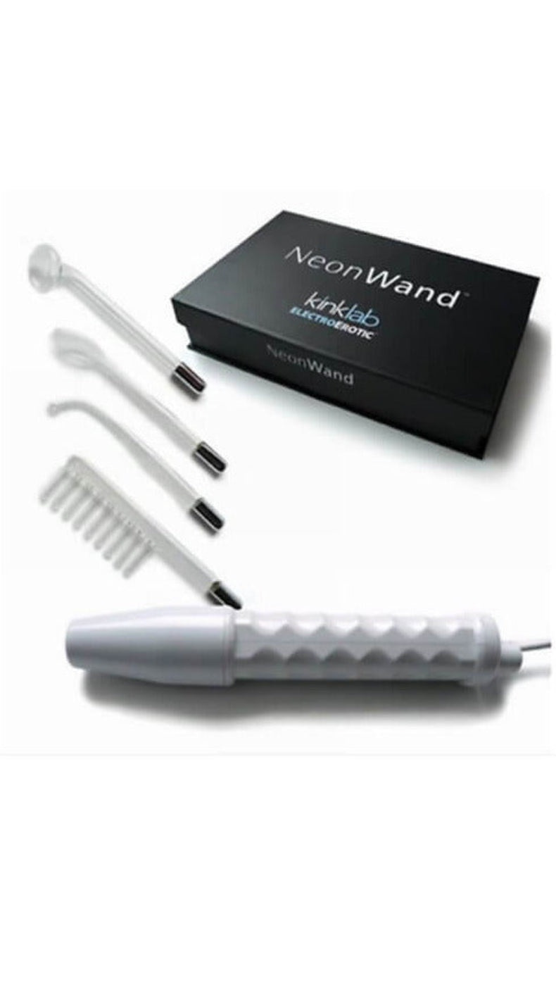 KinkLab Neon Wand handle, four glass electrodes, and the NeonWand ElectroErotic box.