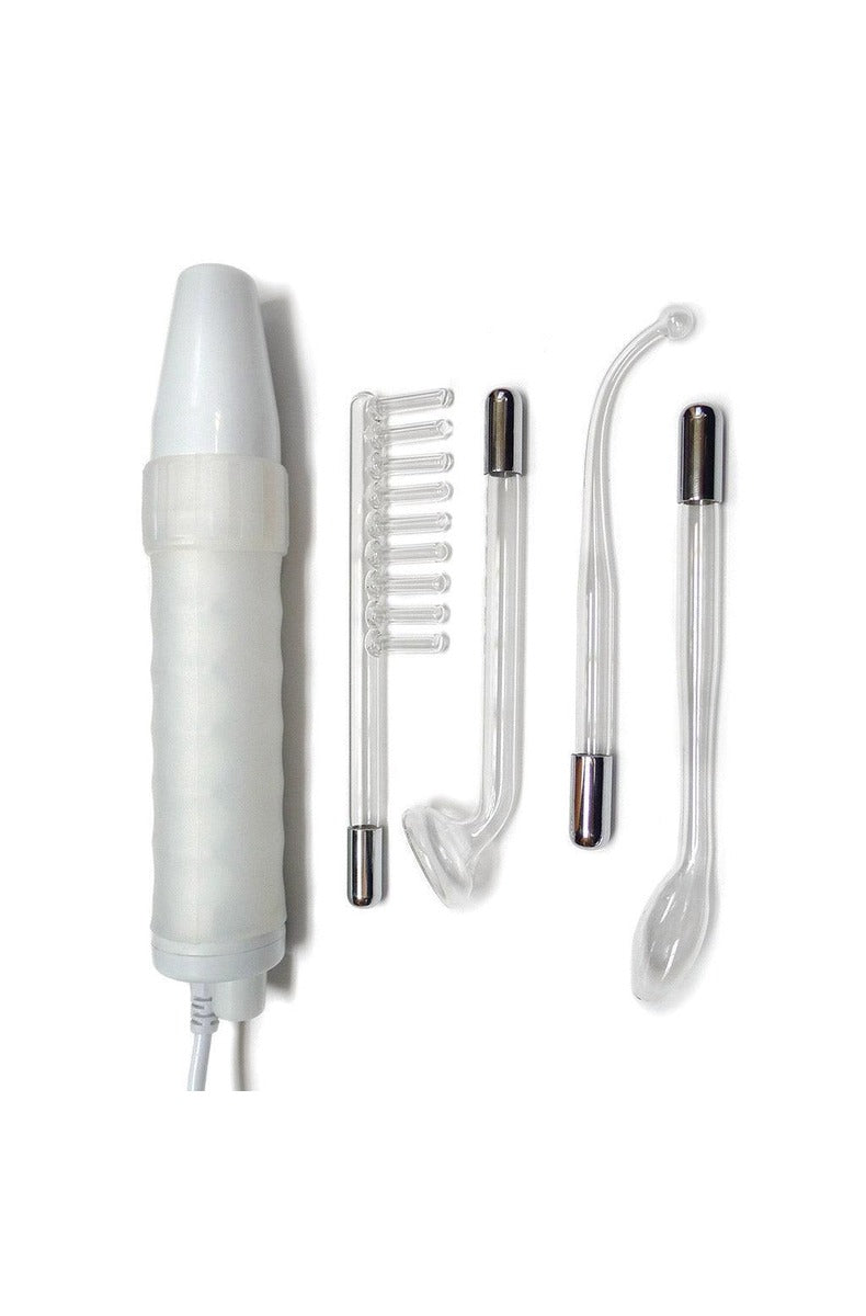 KinkLab Neon Wand white handle with four clear glass electrodes laid out on a white background.