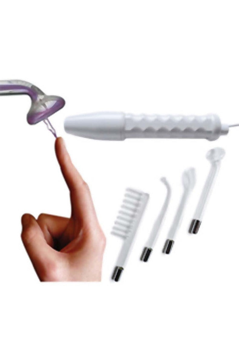 KinkLab Neon Wand with a purple electric glow at a fingertip, shown with the handle and four electrode tips.