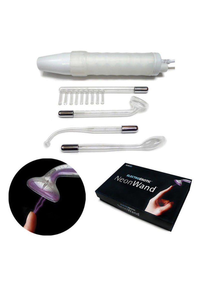 KinkLab Neon Wand kit with white handle, four clear glass electrodes, purple plasma glow, and the ElectroErotic box.