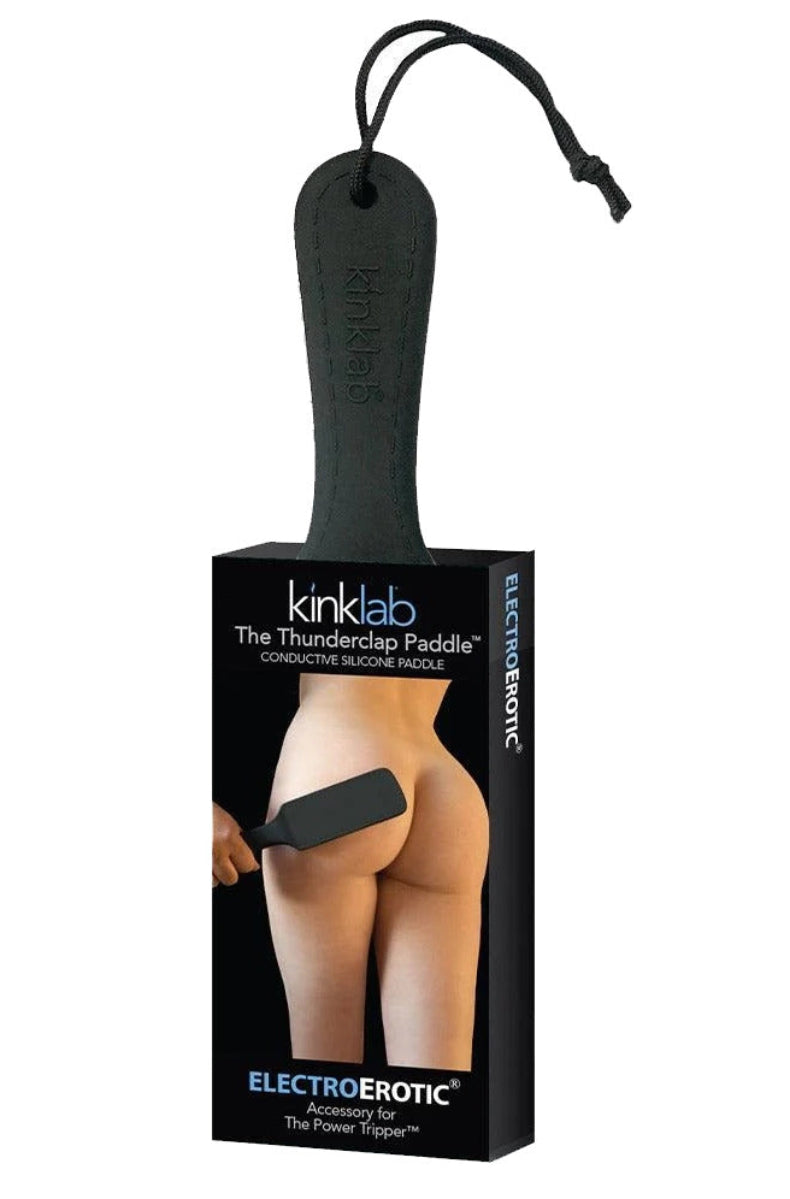 KinkLab ThunderClap conductive silicone paddle on its black ElectroErotic box showing a model and branding.