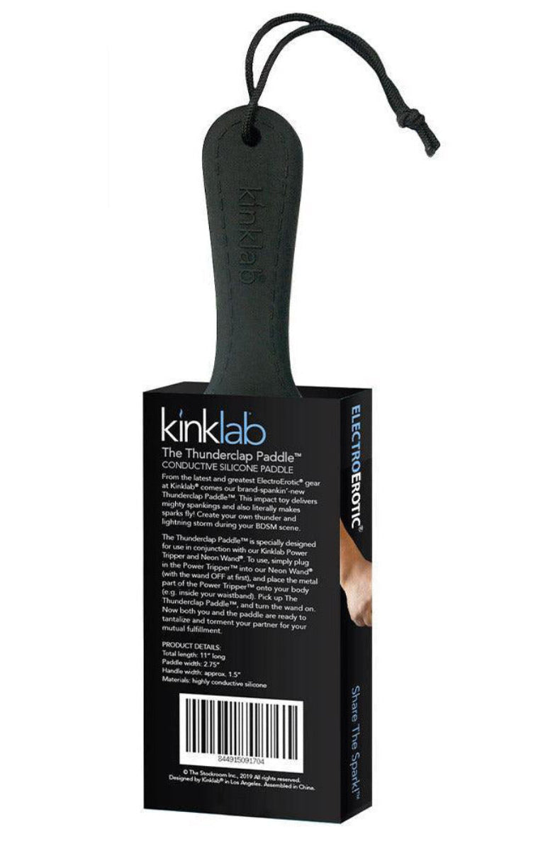 Back of the KinkLab ThunderClap paddle box with the product description and details.