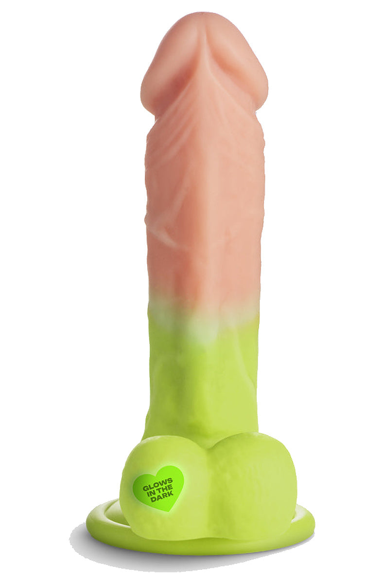 Lime green and flesh tone realistic silicone dildo with balls and suction base