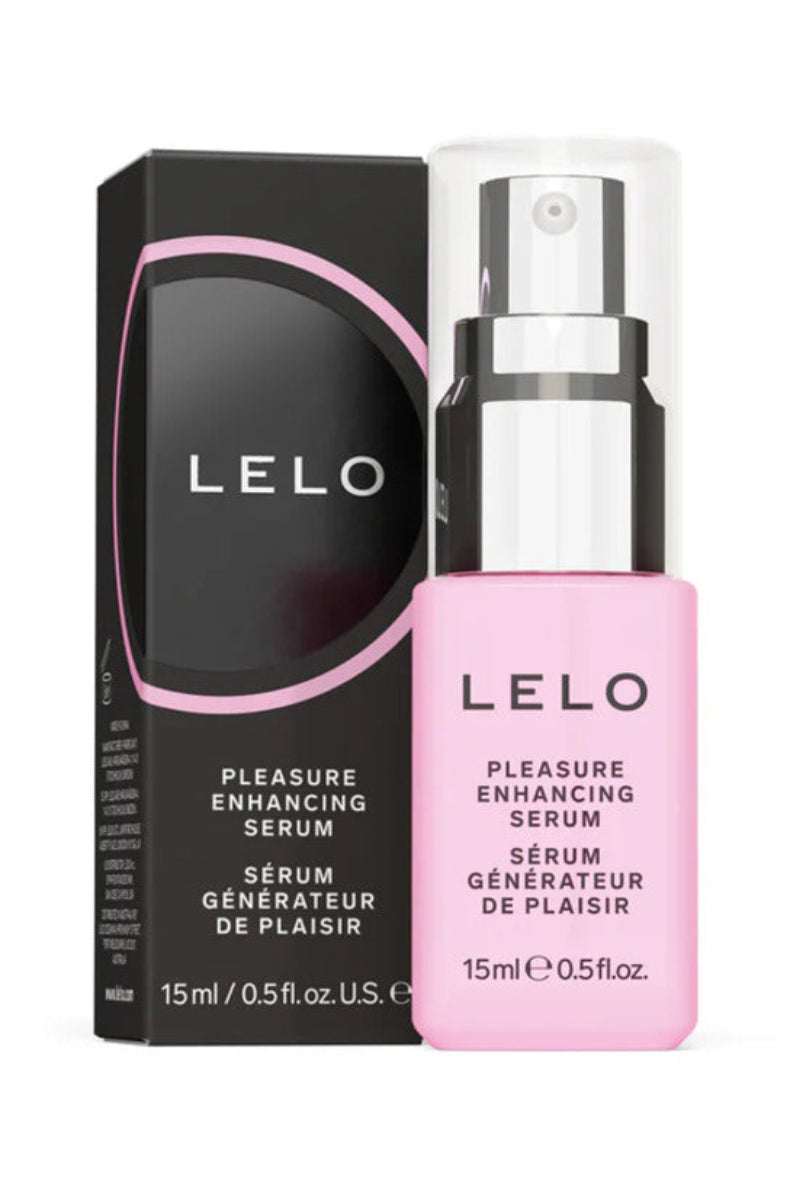 LELO Pleasure Enhancing Serum bottle beside its black retail box