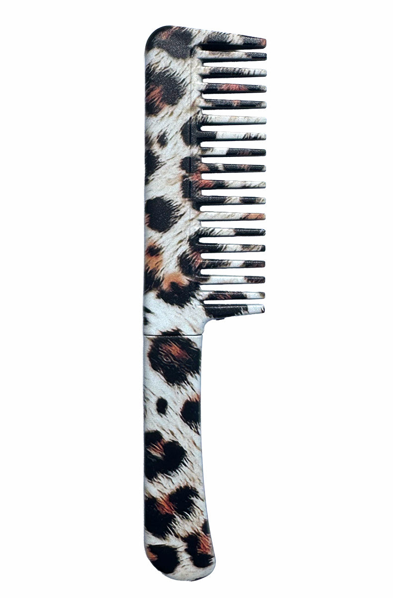 Leopard print hidden knife comb 6.5 inch plastic construction 