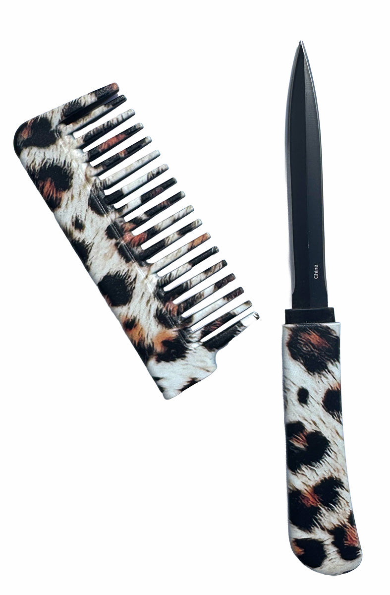 Concealed 3 inch blade revealed from leopard print comb for protection 