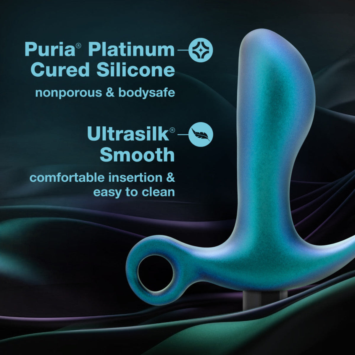 Blue prostate plug beside labels: Puria platinum-cured silicone, nonporous and body-safe, UltraSilk smooth and easy to clean.