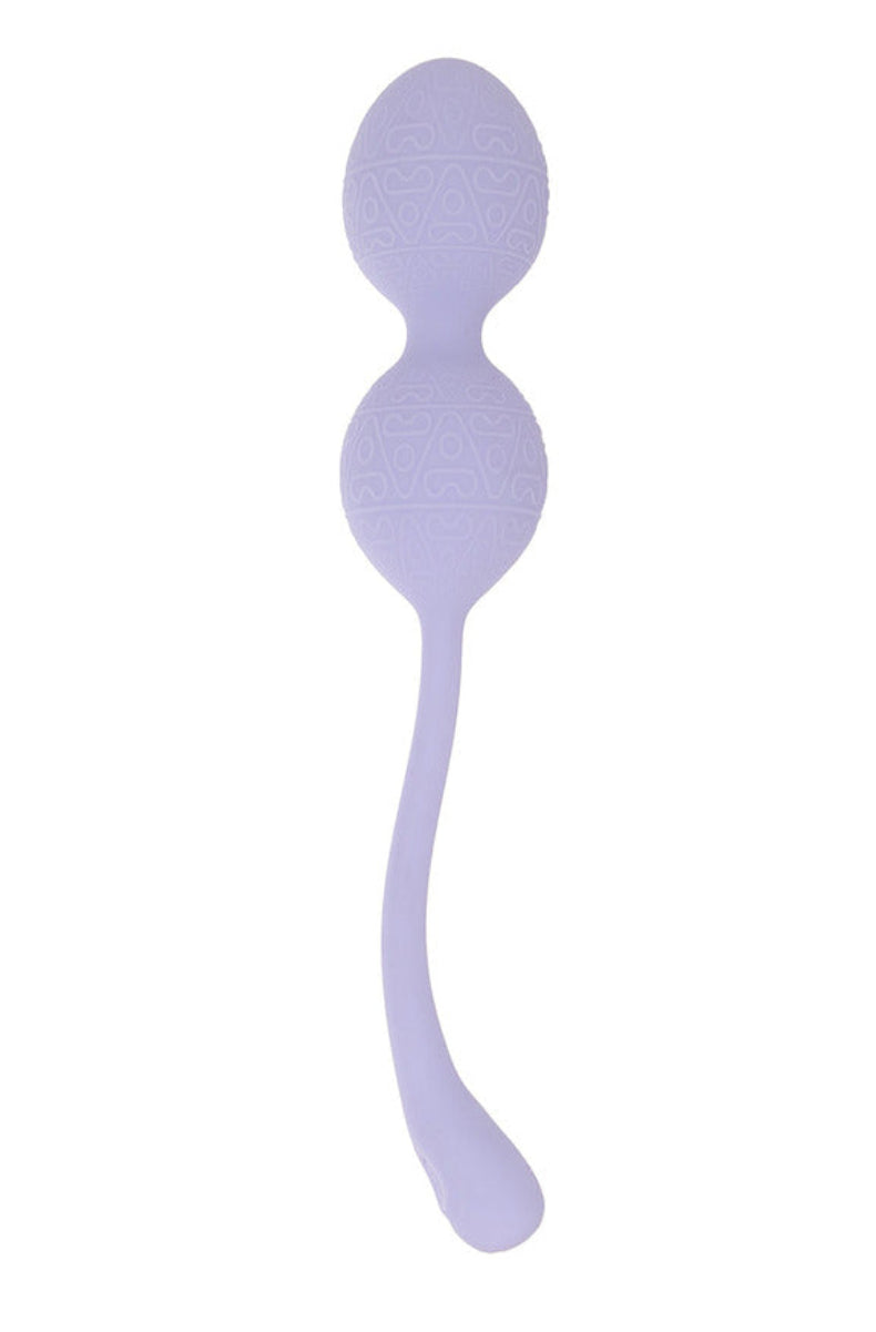 Lavender duo-bead silicone kegel vibrator shown full length with its long silicone tail and control button.