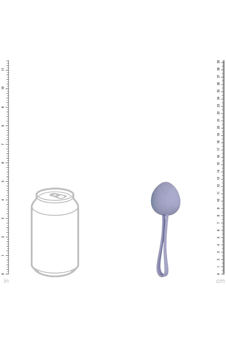 Lavender berry-shaped kegel ball with a pull loop next to a soda can for size, about 1.26 inches wide.