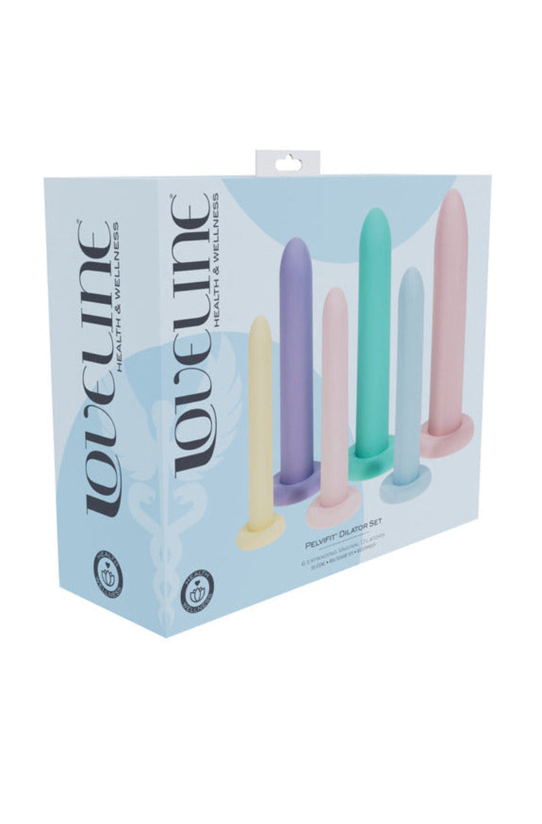 LoveLine Health and Wellness PelviFit box showing six pastel silicone vaginal dilators in graduated sizes.