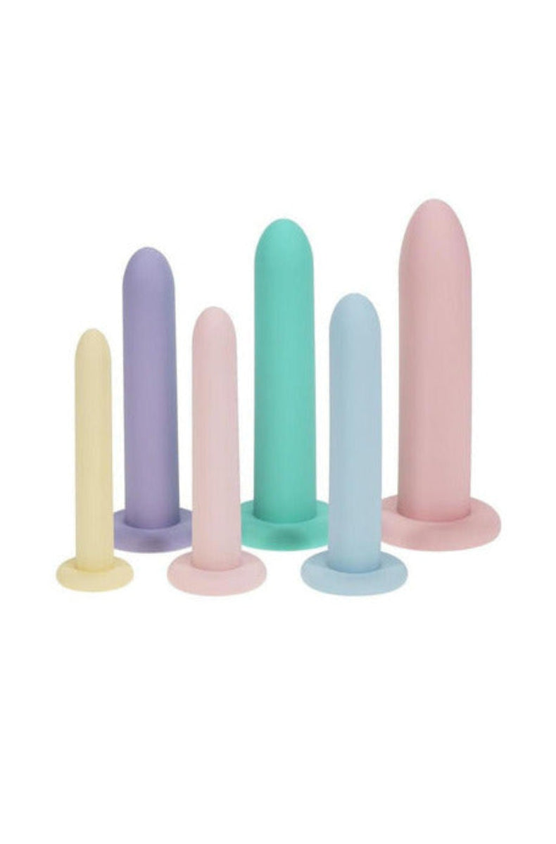 Six graduated silicone vaginal dilators in pastel yellow, purple, pink, mint, blue, and rose, each with a flared base.
