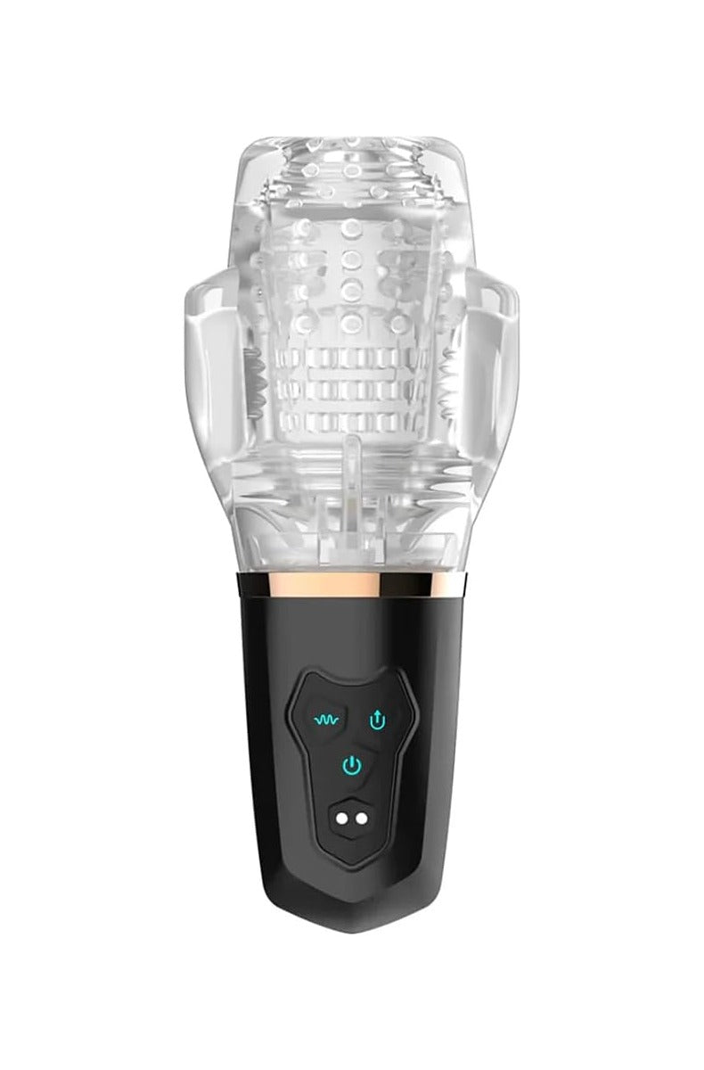The Male Rose 2 rechargeable vibrating sucking masturbator with clear textured sleeve and black handle with control buttons