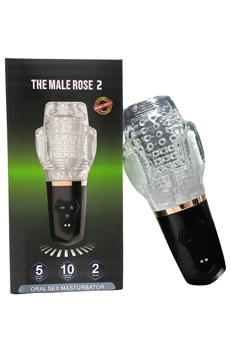 The Male Rose 2 retail box labeled oral sex masturbator with 5 suction modes, 10 vibration modes, and 2 motors