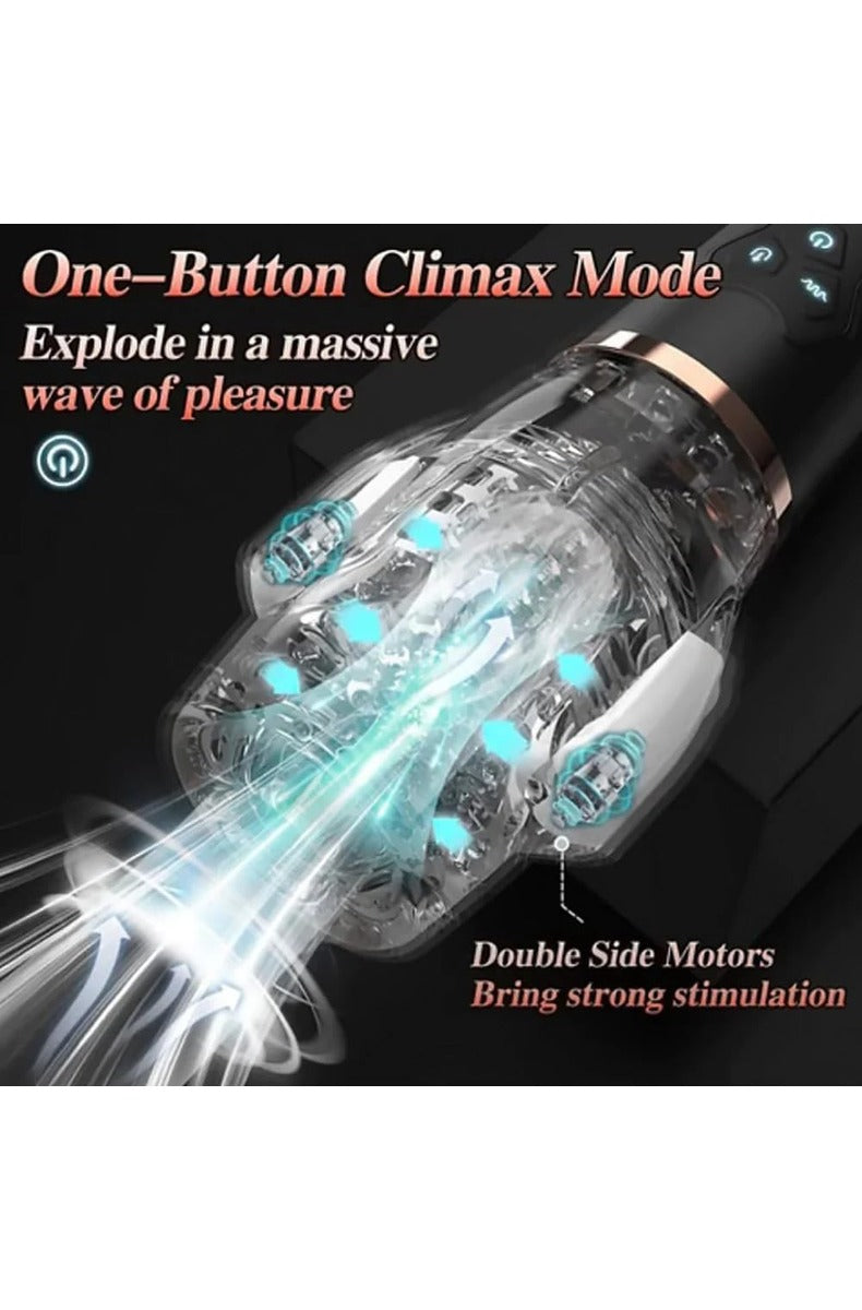 Infographic showing The Male Rose 2 one-button climax mode and dual side motors