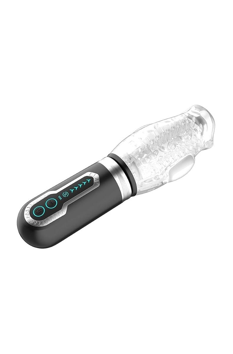 The Male Rose 3 thrusting rotating vibrating masturbator at an angle showing the clear textured cup and black handle with control buttons