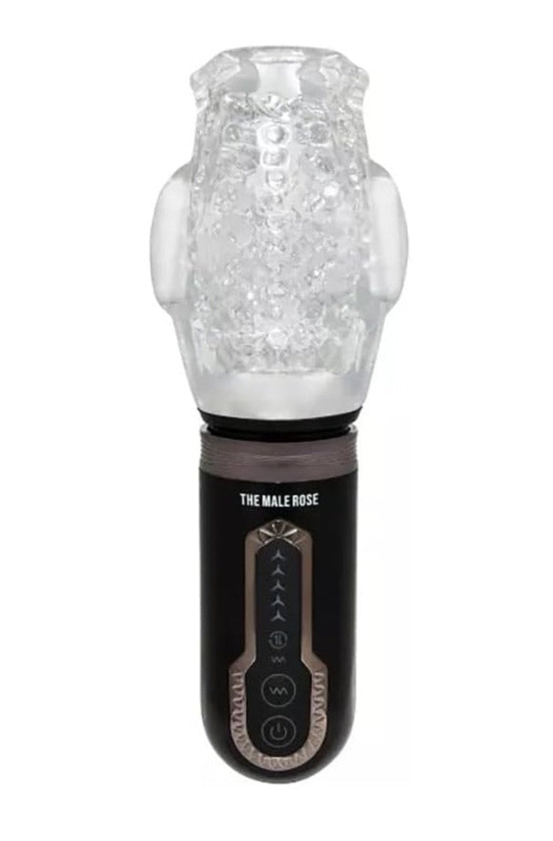 The Male Rose 3 masturbator standing upright showing the clear cup and The Male Rose branded handle