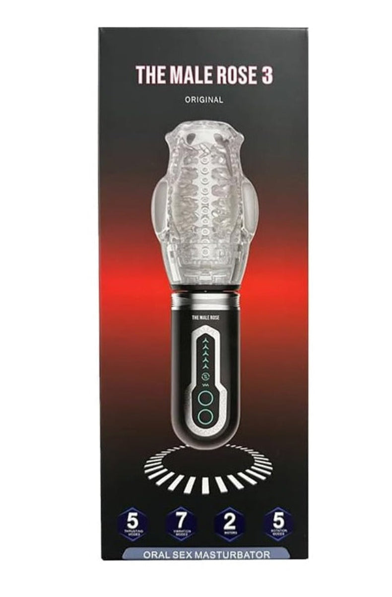 The Male Rose 3 retail box labeled oral sex masturbator with 5 thrusting modes, 7 vibration modes, 2 motors, and 5 rotation modes