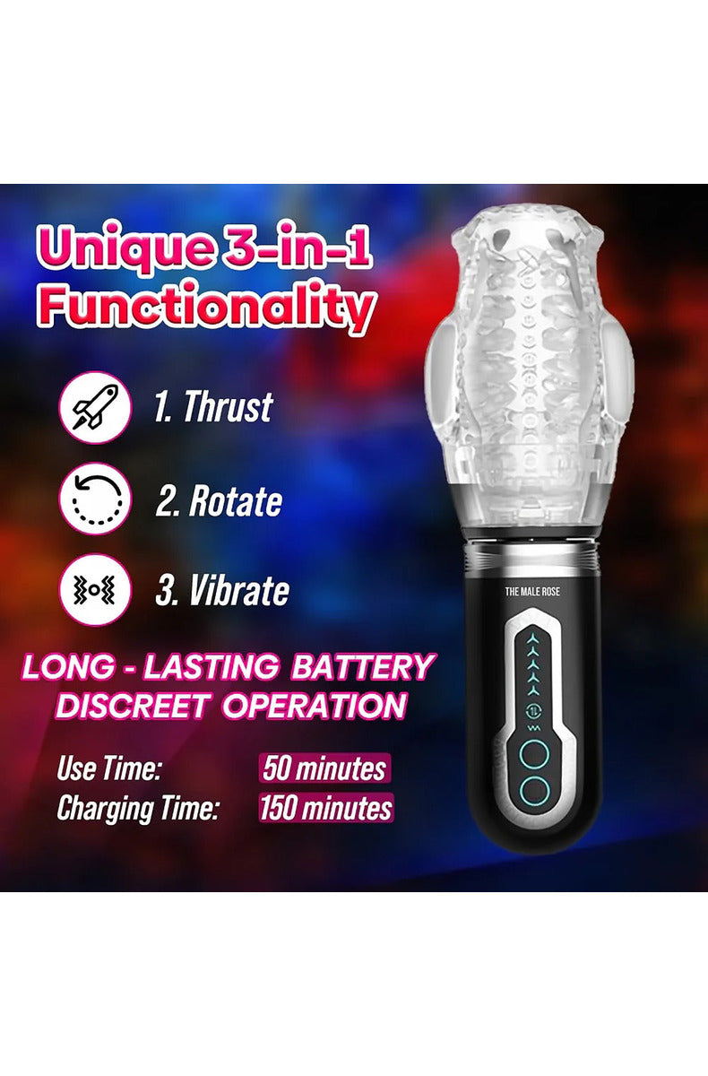 Infographic showing The Male Rose 3 unique 3-in-1 function to thrust, rotate, and vibrate with 50 minute run time and 150 minute charge