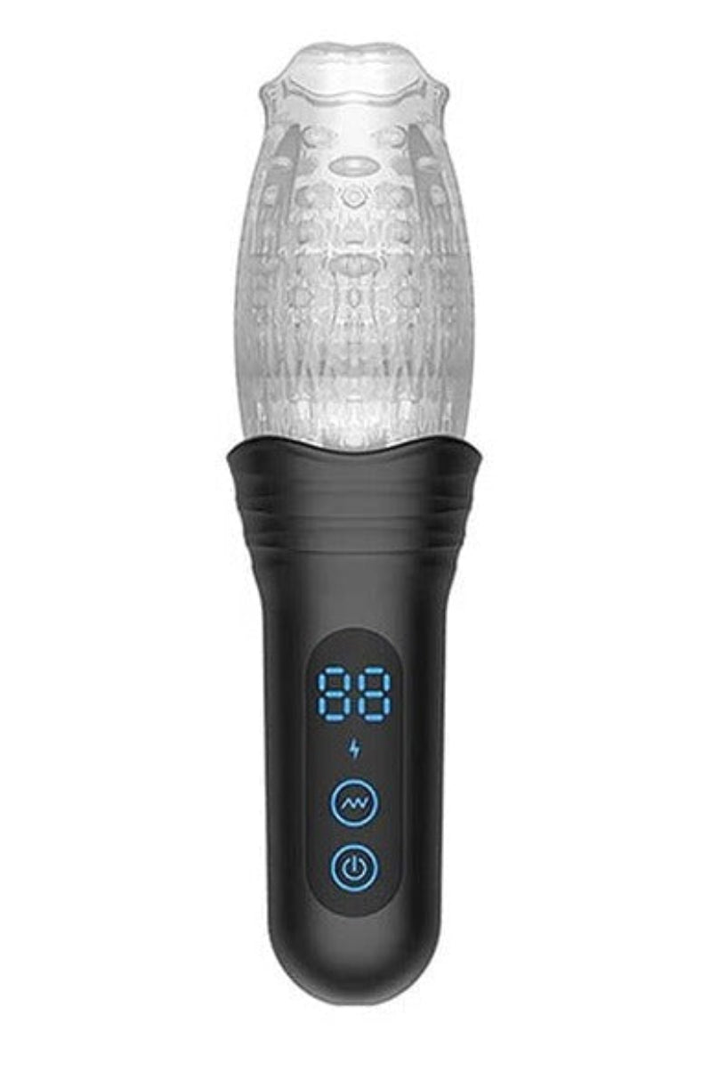 The Male Rose Pro thrusting rotating vibrating masturbator standing upright with clear cup, black handle, and digital display