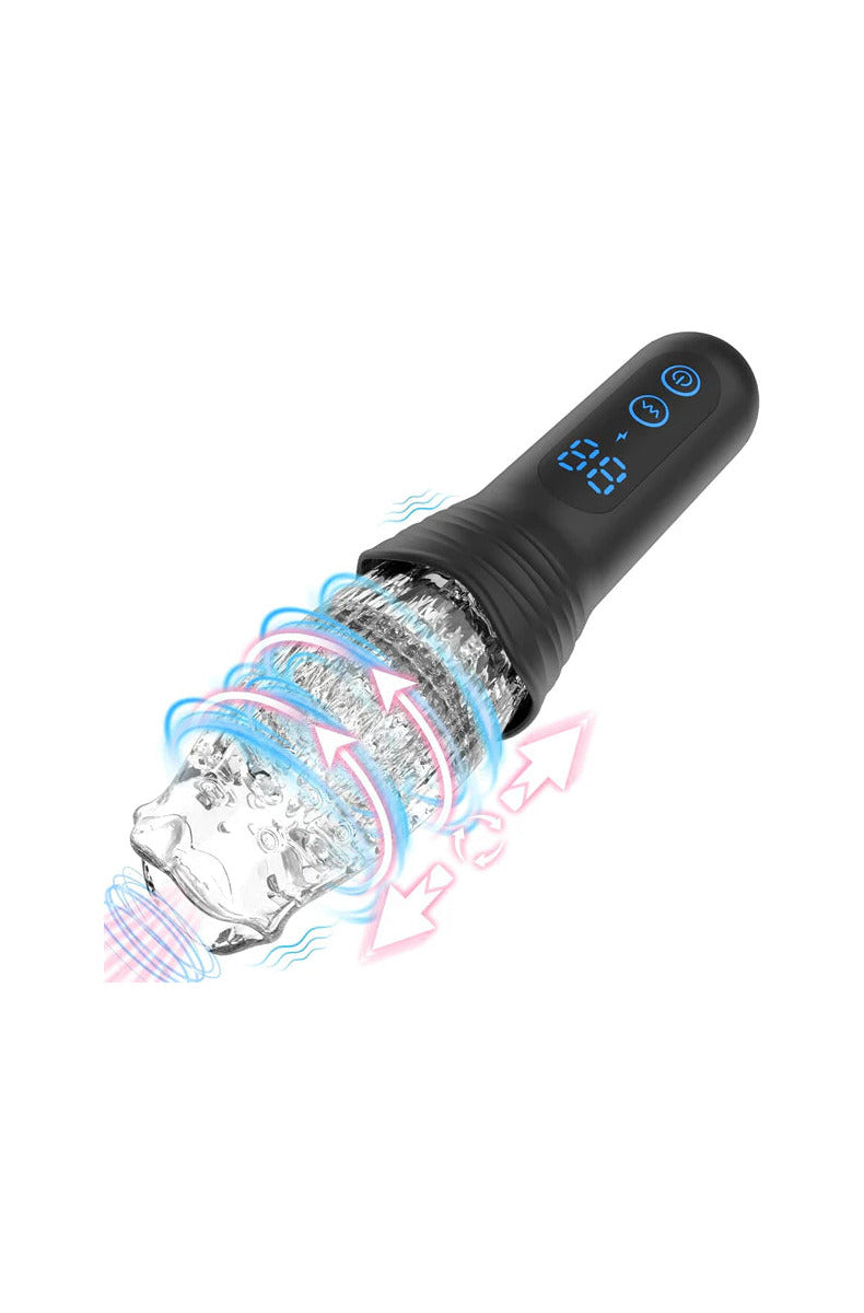 The Male Rose Pro masturbator with arrows showing 360 degree rotation, thrusting, and vibration around the clear textured cup