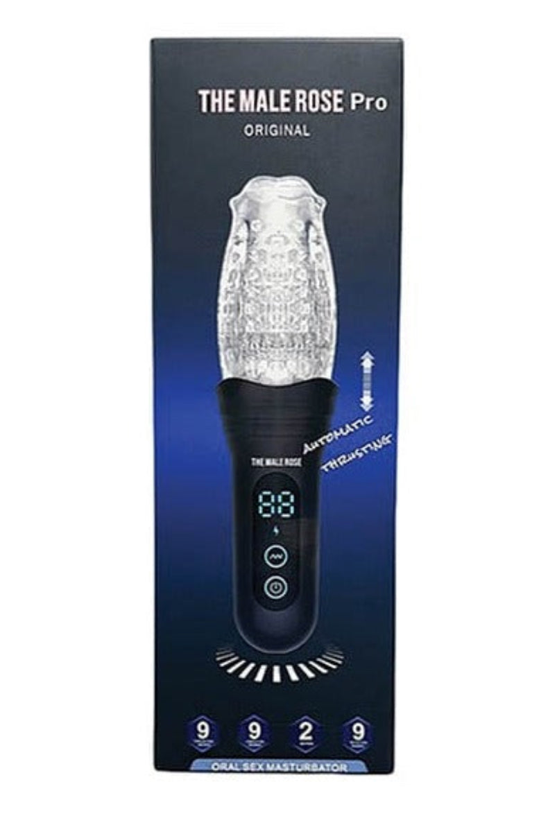 The Male Rose Pro retail box labeled oral sex masturbator with 9 vibration, 9 rotation, 2 motors, and 9 thrusting modes