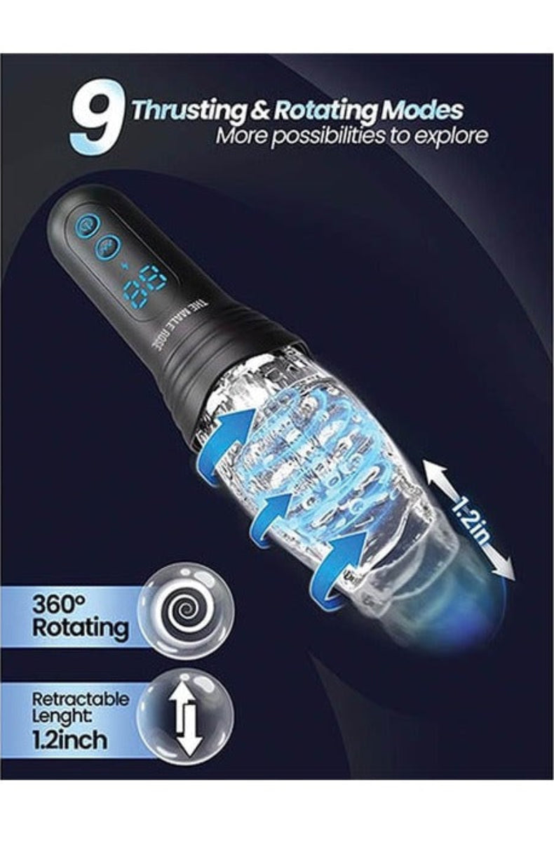 Infographic showing The Male Rose Pro with 9 thrusting and rotating modes, 360 degree rotation, and 1.2 inch retractable thrust length