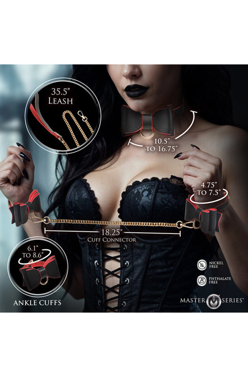 Goth bondage set measurements: 35.5 inch leash, collar 10.5 to 16.75 inches, wrist and ankle cuffs, 18.25 inch connector.