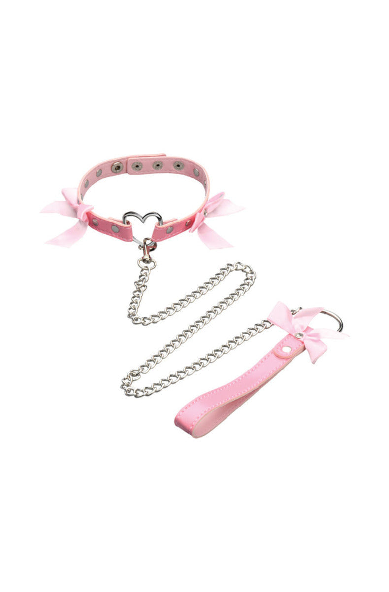 Pink studded collar with a silver heart-shaped ring and a chain leash with a pink leather handle, on white.