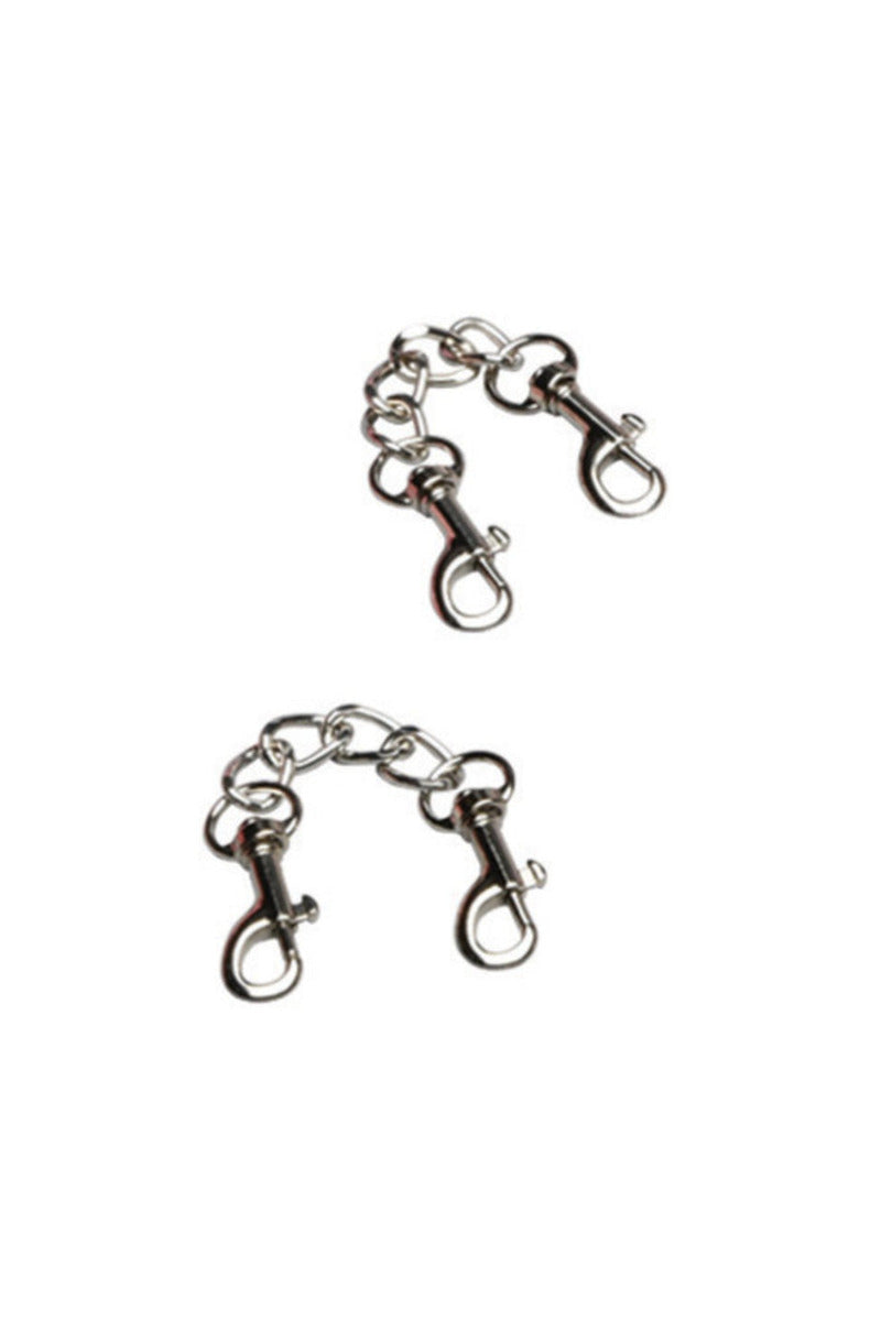 Two silver chain cuff connectors with snap hooks at each end, on a white background.