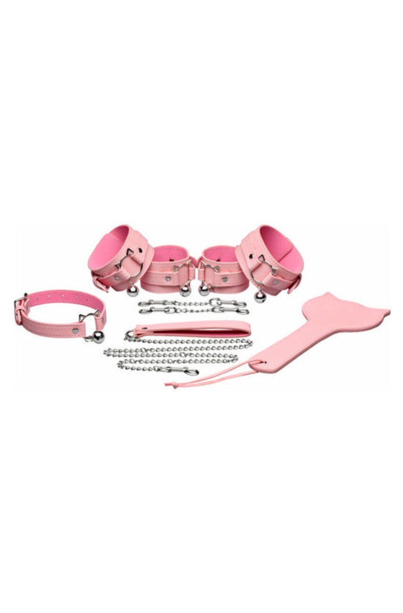 Four pink kitty cuffs with bells above two silver chain connectors with snap-hook clips, on white.