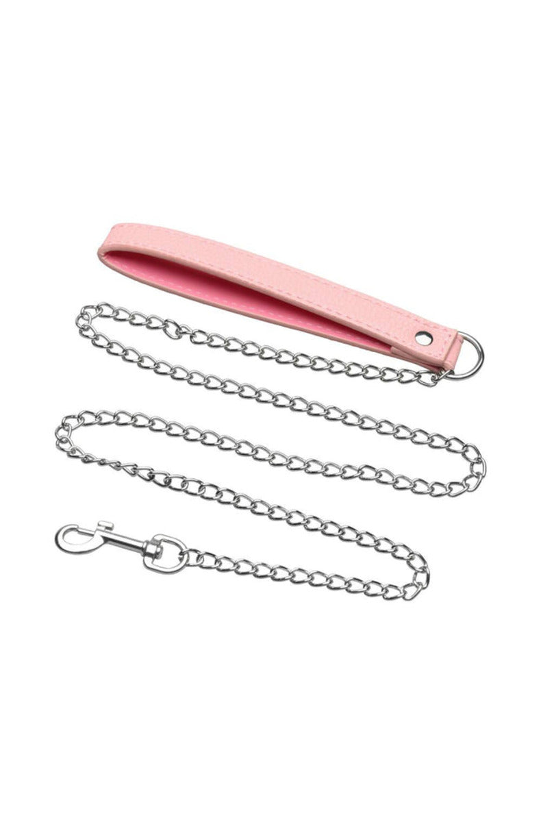 Silver chain leash with a cushioned pink vegan leather handle and a snap hook, on a white background.