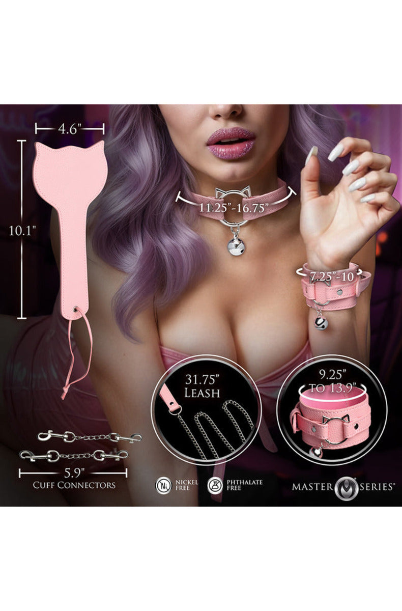 Kitty bondage set measurements: 31.75 inch leash, collar 11.25 to 16.75 inches, cuffs, 5.9 inch connectors, kitty paddle 10.1 by 4.6 inches.