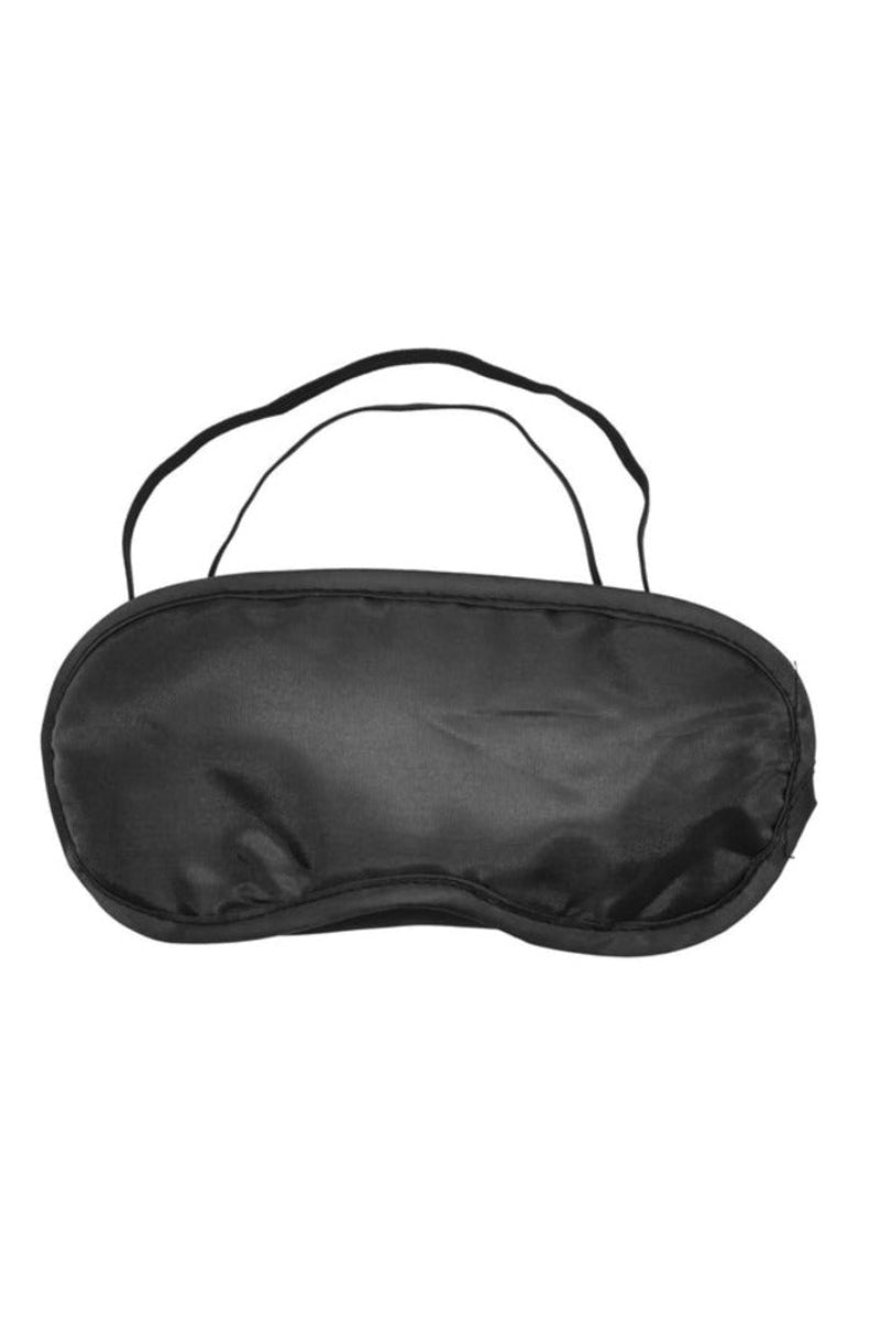 Black satin blindfold eye mask with an elastic strap, on a white background.