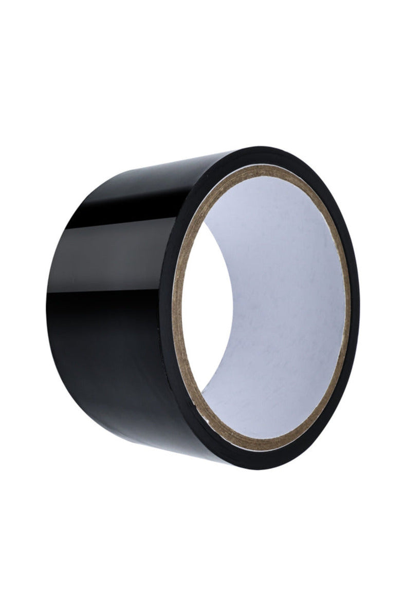 A roll of black reusable bondage tape on a white background.