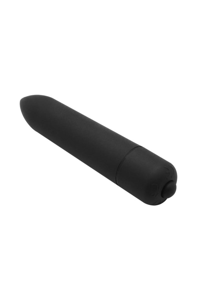 Black bullet vibrator with a control button at the base, on a white background.