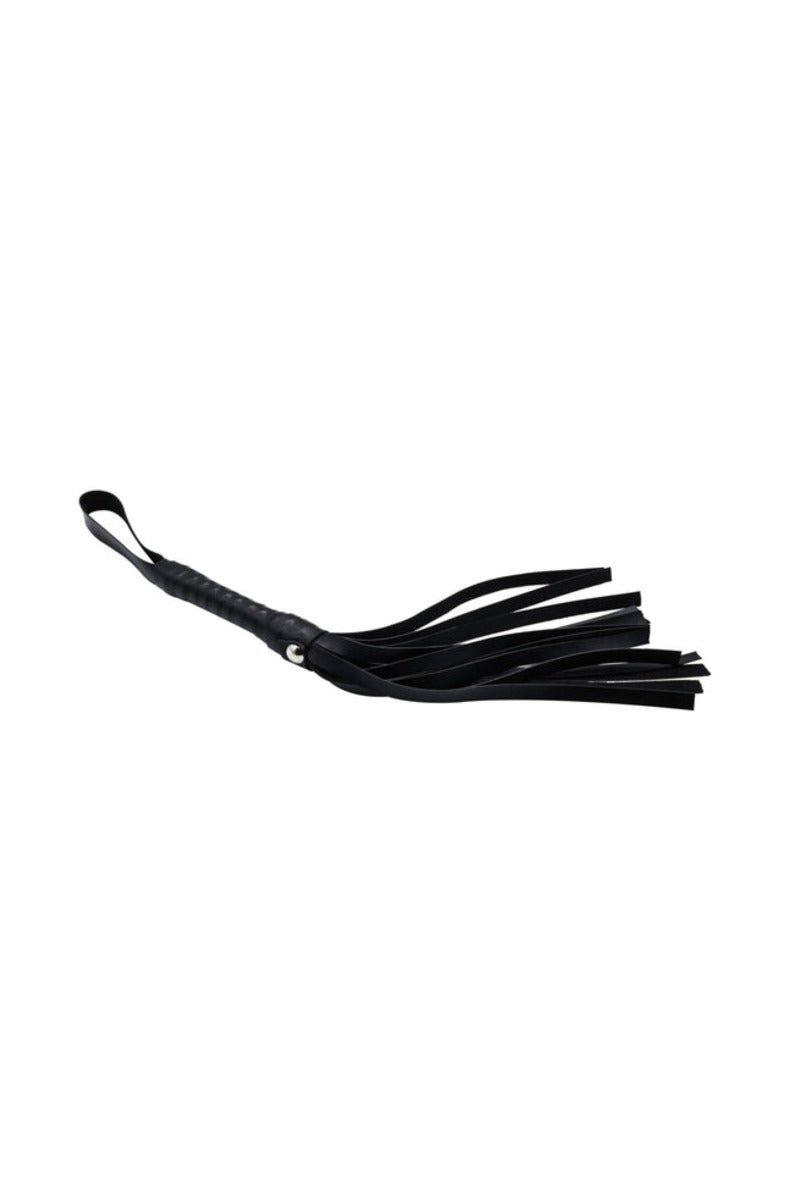 Black flogger with a wrapped handle and a wrist loop, on a white background.