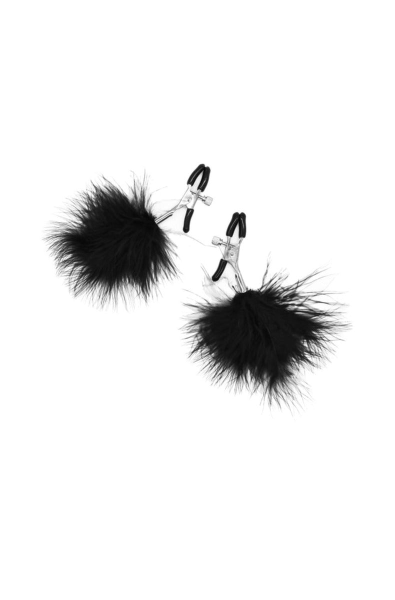 Two adjustable nipple clamps with black feather accents, on a white background.