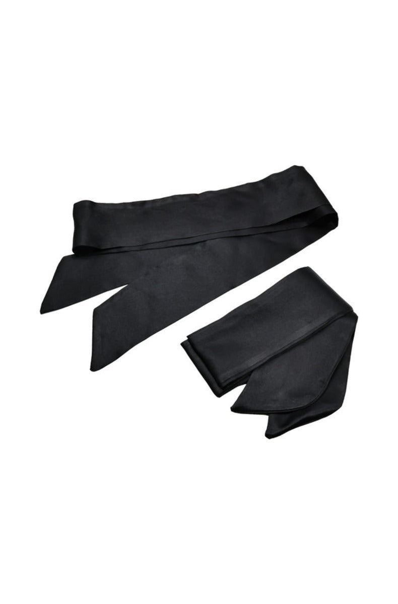Two black satin bondage ties laid out on a white background.