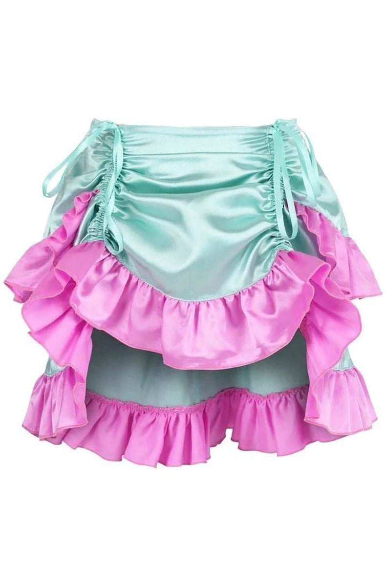 Mint satin mini skirt with hot pink ruffle tiers and side-ruched bustle silhouette