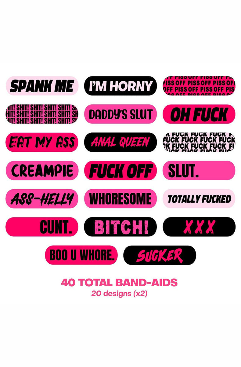 Naughty Ouchie Stix bandages outer carton showing 40 piece pack and latex-free callout.
